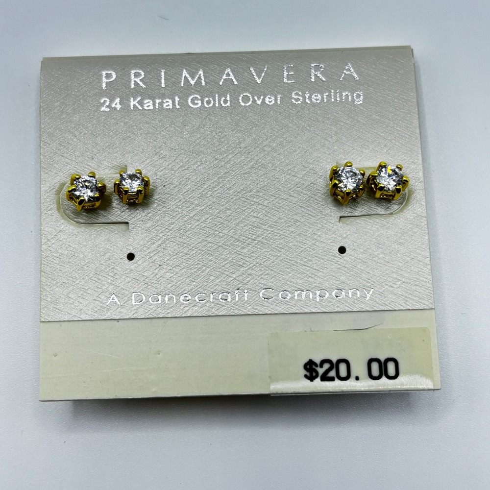 Primavera 24K Gold Over Sterling Silver CZ Stud Earrings Set Danecraft 2 Pairs